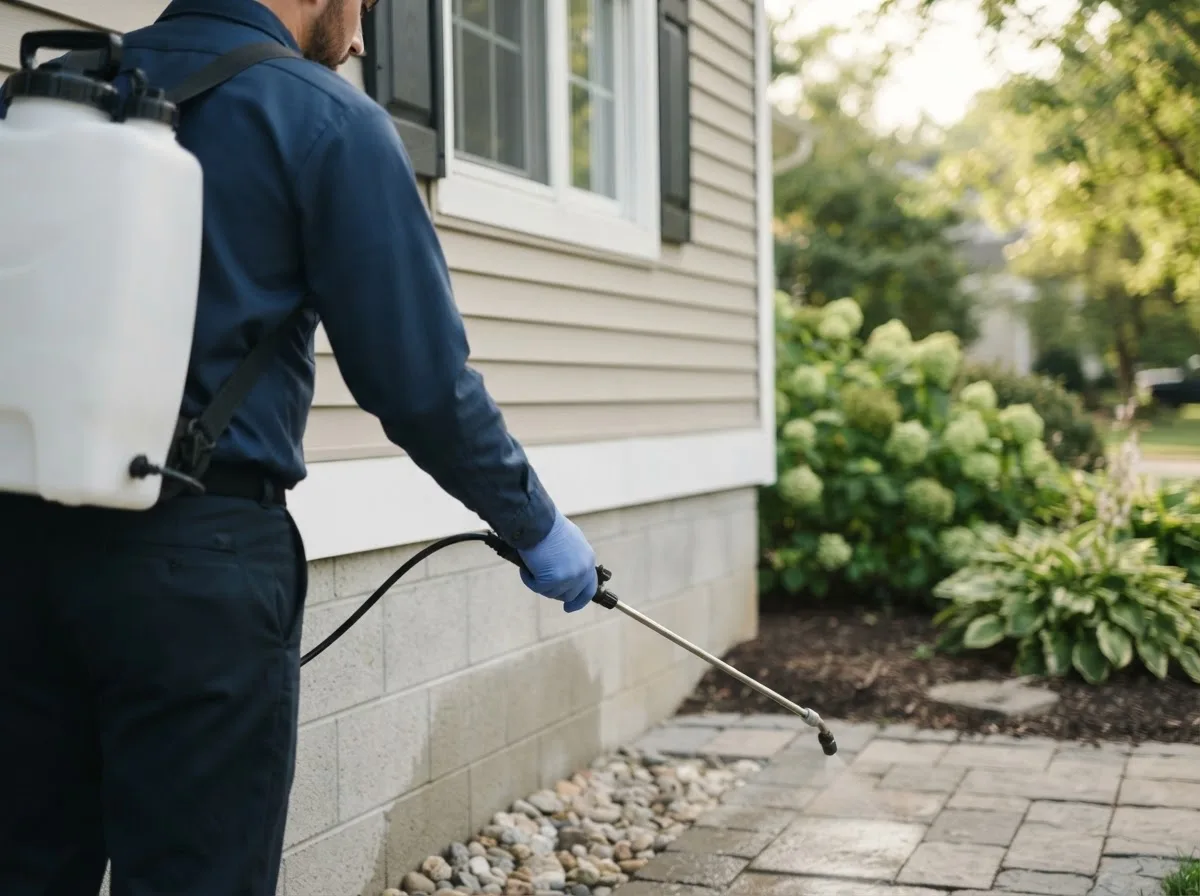 Pest control technician inspecting a home in Danville, WV